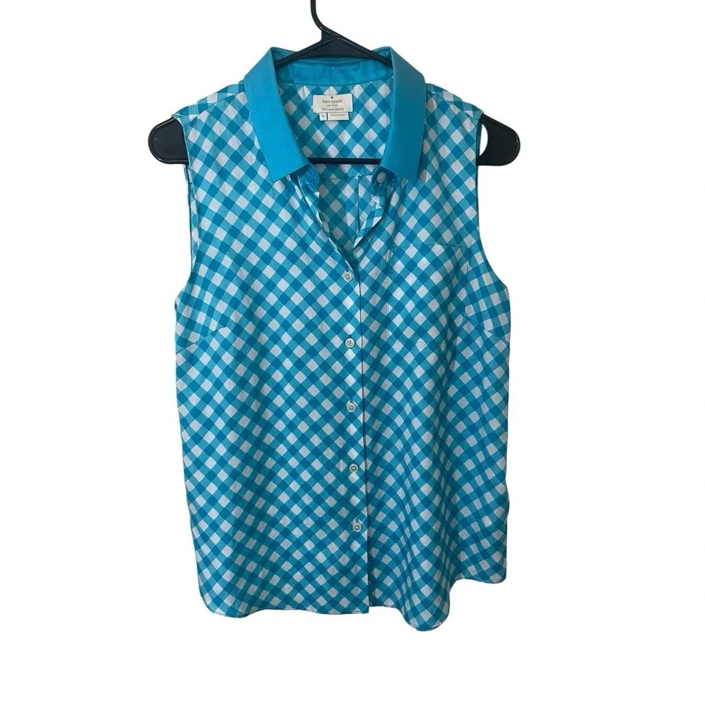 Kate Spade Size 8 Fey‎ Top Blue Silk Blend Gingham Golf Polo Tennis Preppy NEW